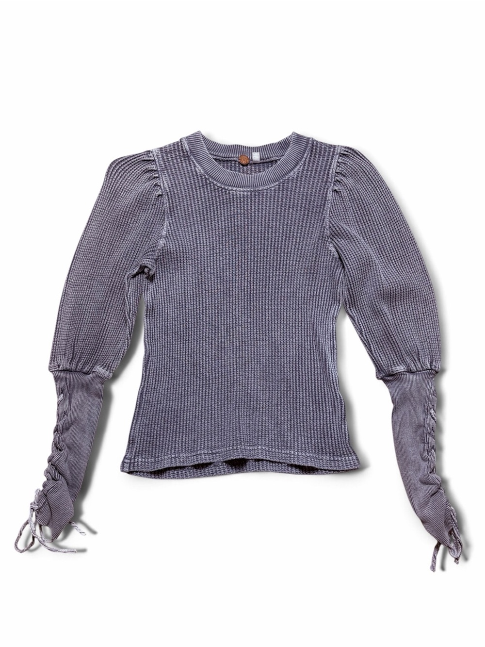 Free People FP One Grey Waffle Knit Puff Sleeve Lace Up Cuff Top XS/S